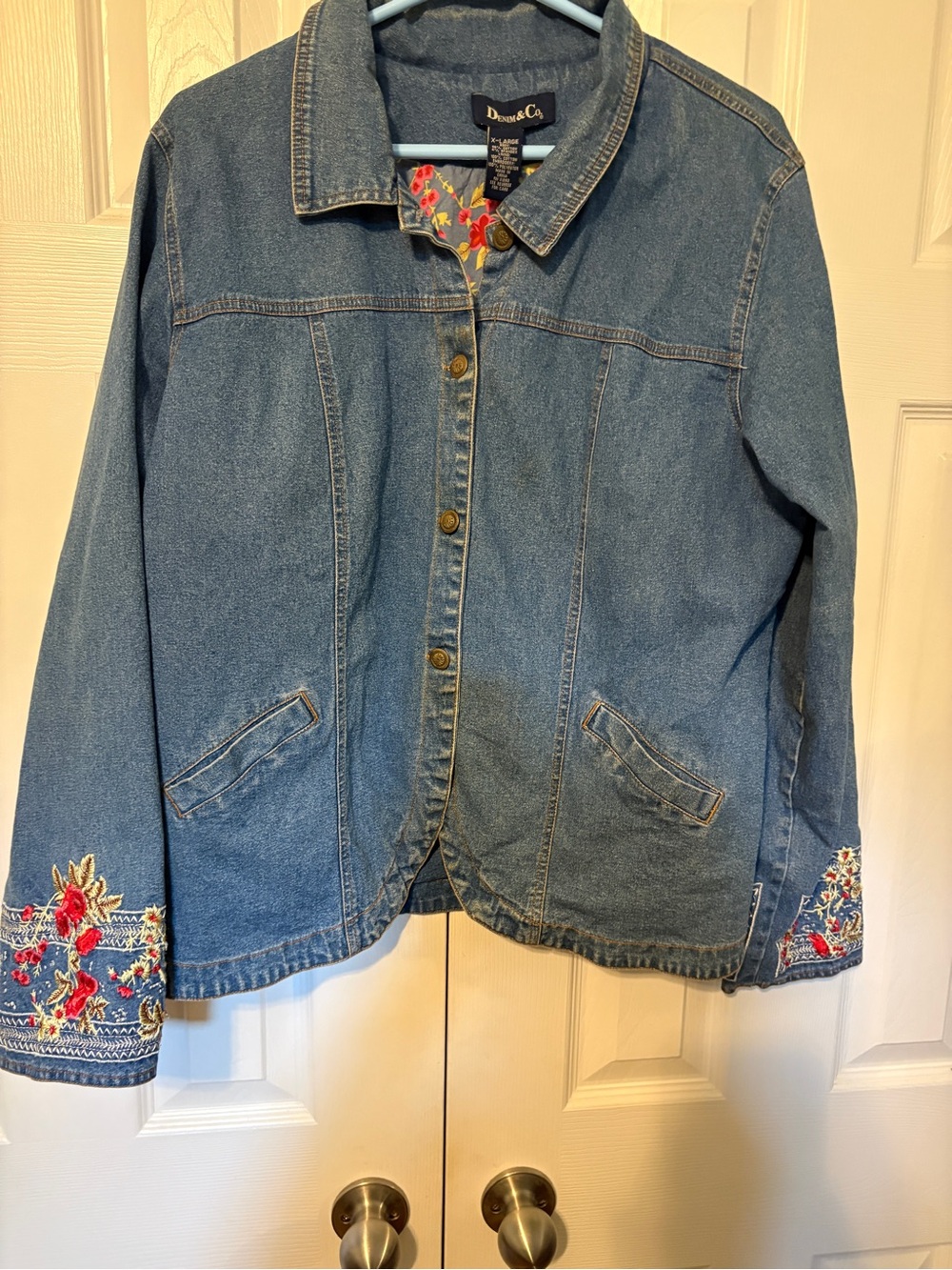 Denim&Co Blue Jean Jacket with Red Floral Embroidery